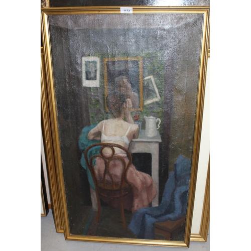 1173 - French School oil on canvas, lady seated at a dressing table, unsigned, circa 1900, 90 x 50cm