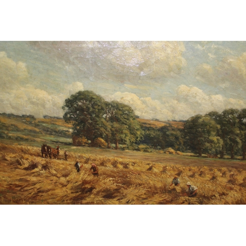 1174 - George Leon Little, late 19th / early 20th Century oil on canvas, figures harvesting, signed, 59 x 9... 