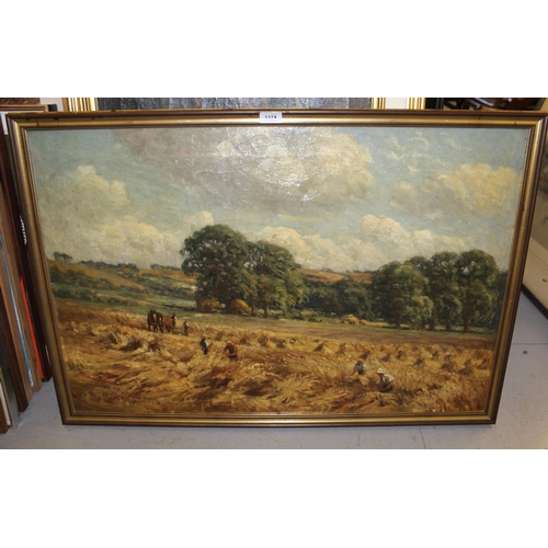 1174 - George Leon Little, late 19th / early 20th Century oil on canvas, figures harvesting, signed, 59 x 9... 