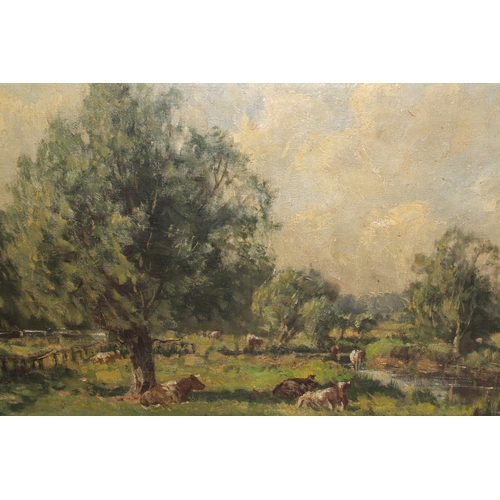 1175 - George Leon Little, oil on canvas, landscape with cattle resting beneath a tree, 41 x 61cm, unframed