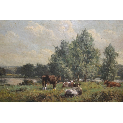 1176 - George Leon Little, oil on canvas, cattle resting in a landscape with river, signed, unframed, 46 x ... 