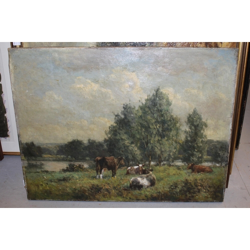 1176 - George Leon Little, oil on canvas, cattle resting in a landscape with river, signed, unframed, 46 x ... 