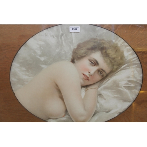 1184 - Oval mounted colour print, portait of a semi nude girl after Julius Price, 44 x 53cm, oak framed