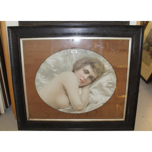 1184 - Oval mounted colour print, portait of a semi nude girl after Julius Price, 44 x 53cm, oak framed