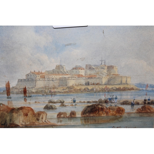 1190 - Small framed watercolour, view of Castle Cornet, Guernsey, 1838, together with another, Dutch bark a... 