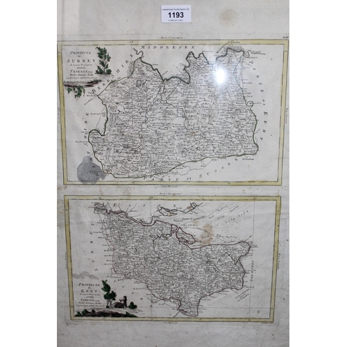 1193 - Pair of antique Italian hand coloured maps, ' Provincia a Surrey ' and ' Provincia a Kent ', inscrib... 