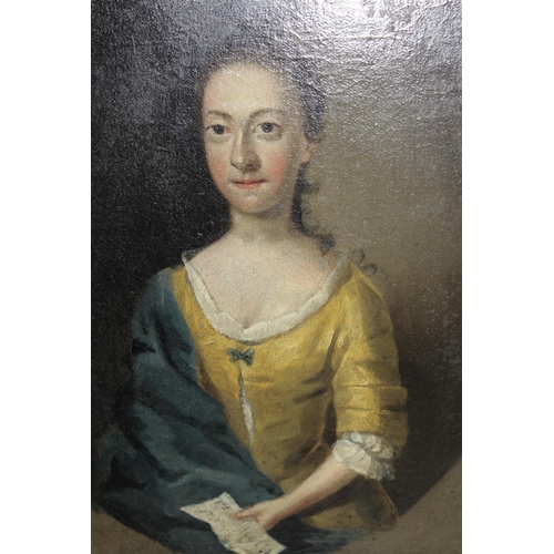 1201 - 18th Century oil on canvas, half length portrait of a young lady holding a letter, 36 x 30cm, in a c... 