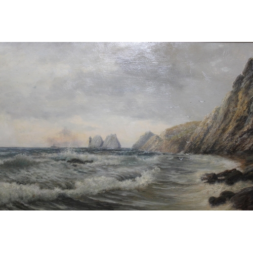 1202 - Frank R. Offer, oil on board, coastal scene, The Needles Isle of Wight, 28cm x 48cm