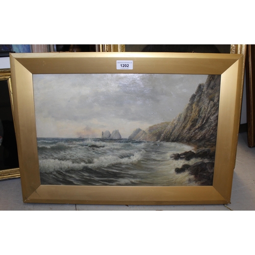 1202 - Frank R. Offer, oil on board, coastal scene, The Needles Isle of Wight, 28cm x 48cm