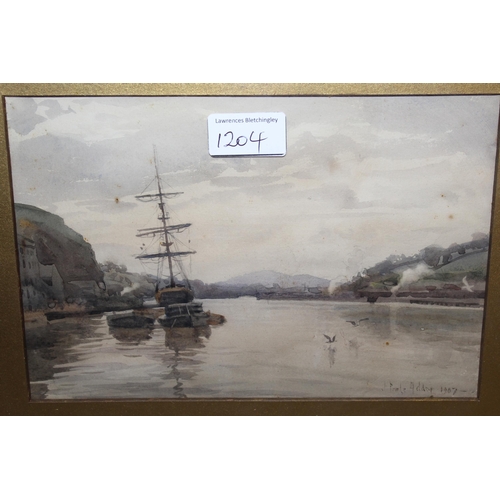 1204 - 19th Century watercolour, various shipping in a bay, 17cm x 25cm, together with another watercolour,... 