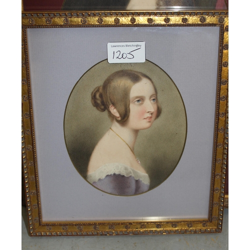 1205 - 19th Century oval mounted watercolour portrait of Queen Victoria, 15 x 13cm, gilt framed, together w... 