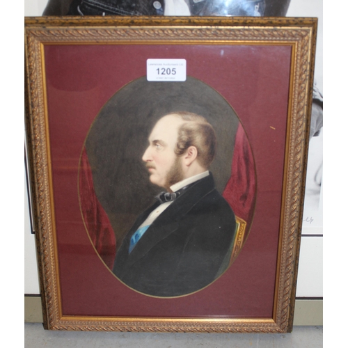 1205 - 19th Century oval mounted watercolour portrait of Queen Victoria, 15 x 13cm, gilt framed, together w... 