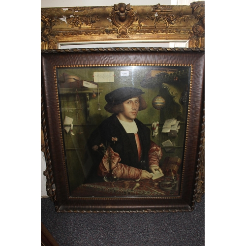 1206 - Large coloured print, portrait after Holbein, housed in a gilt moulded frame (at fault), overall siz... 