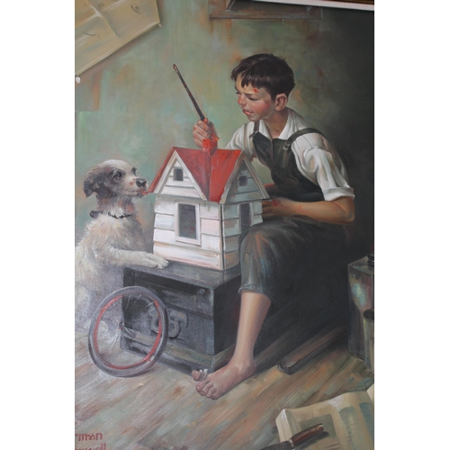 1207 - Large 20th Century oil on canvas, boy painting a bird house, after Norman Rockwell, bearing signatur... 