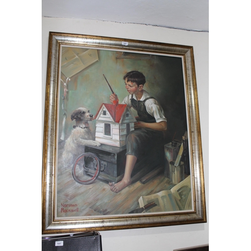 1207 - Large 20th Century oil on canvas, boy painting a bird house, after Norman Rockwell, bearing signatur... 