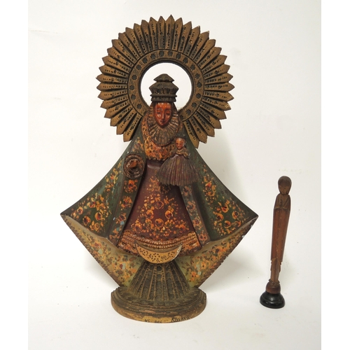 125 - Mexican carved wooden polychrome painted figure of The Mother and Holy Child, 26cm high, together wi... 