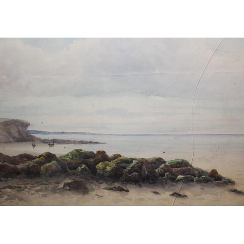 1260 - Watercolour coastal scene, signed indistinctly, 47 x 57cm, oak framed, together with an oil on card,... 