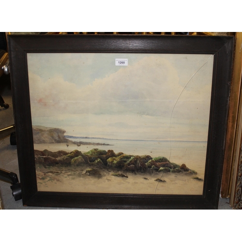 1260 - Watercolour coastal scene, signed indistinctly, 47 x 57cm, oak framed, together with an oil on card,... 