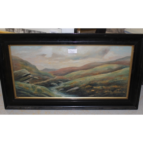 1260 - Watercolour coastal scene, signed indistinctly, 47 x 57cm, oak framed, together with an oil on card,... 