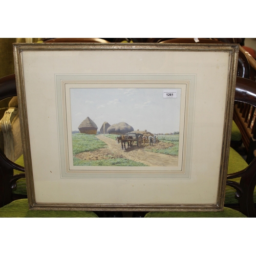 1261 - Stanley Anderson, watercolour, ' Loading Mangels ' with shire horse and cart, bearing label verso in... 