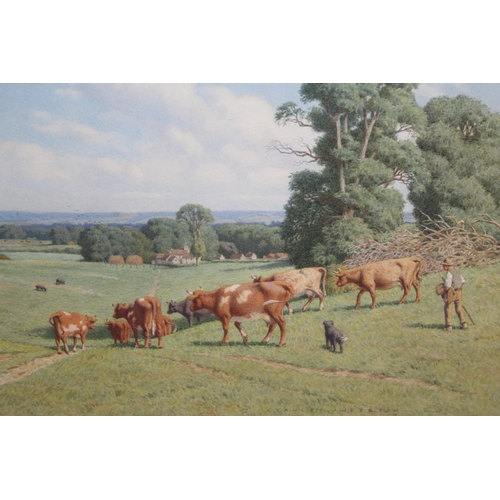 1263 - Stanley Anderson, watercolour, ' Milking Time ', cattle being lead in from the fields, bears label v... 