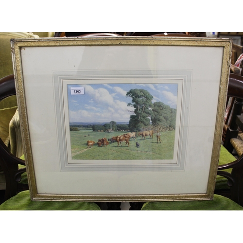 1263 - Stanley Anderson, watercolour, ' Milking Time ', cattle being lead in from the fields, bears label v... 