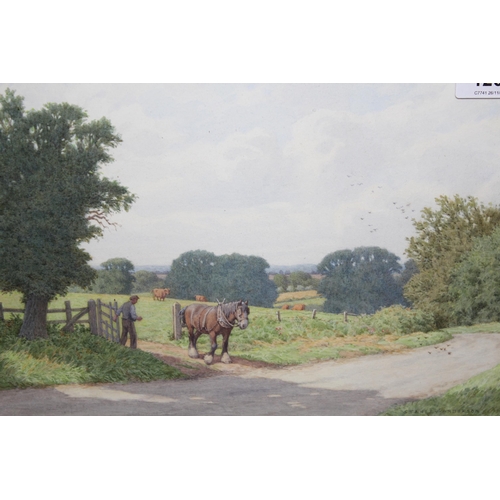 1264 - Stanley Anderson, watercolour, ' The Road To Shillingford ' with shire horse and a figure, bears lab... 