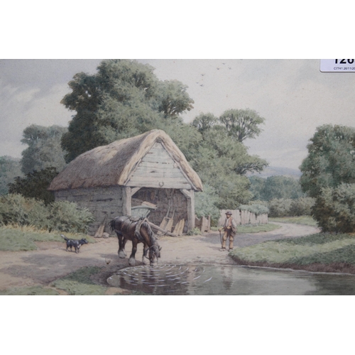 1265 - Stanley Anderson watercolour, ' The Lane to The Hills ', with horse watering, signed framed, bearing... 