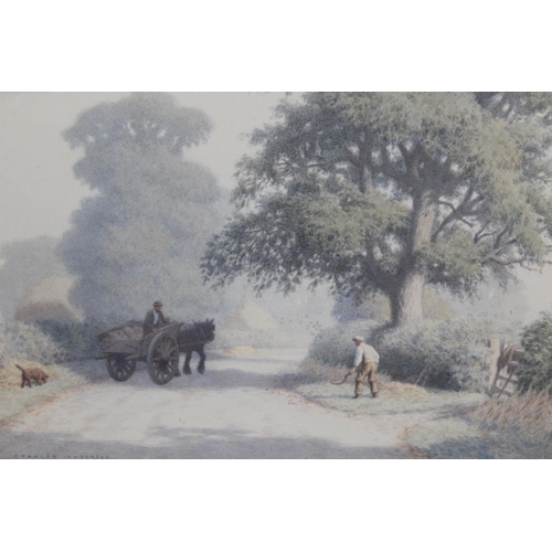 1267 - Stanley Anderson, watercolour ' Early Morning in September ', horse, cart and figures on a lane, bea... 