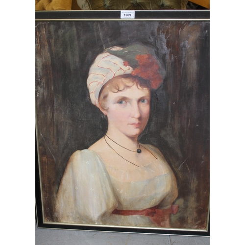 1269 - Late 19th / early 20th Century oil on canvas, head and shoulder portrait of a Regency lady, painted ... 