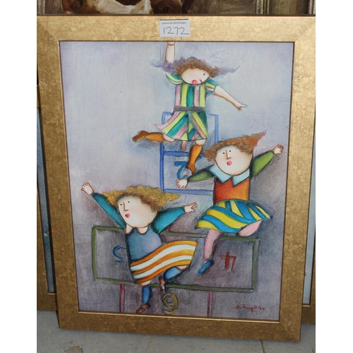 1272 - Roybaz group of five acrylics on canvas, stlyised studies of figures and children playing sports, 30... 