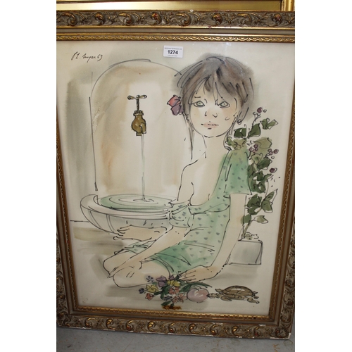 1274 - Phillipe Henri Onyer, pen and watercolour study of a seated girl in a green dress, dated 69, 64 x 48... 