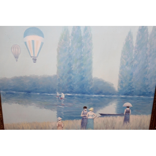 1275 - Jean Daumie, oil on canvas, lake scene with figures and balloons, 50cm x 60cm, gilt framed