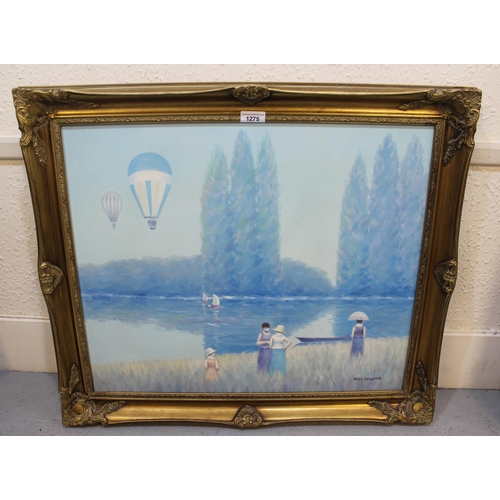 1275 - Jean Daumie, oil on canvas, lake scene with figures and balloons, 50cm x 60cm, gilt framed