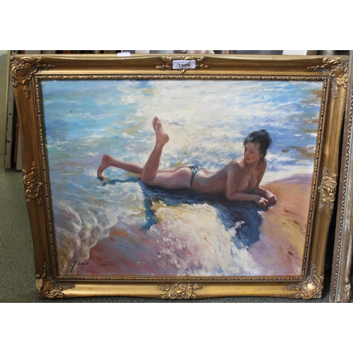 1306 - 20th Century oil on board, topless bather on a beach, signed Pino, inscribed verso, 40 x 50cm, gilt ... 