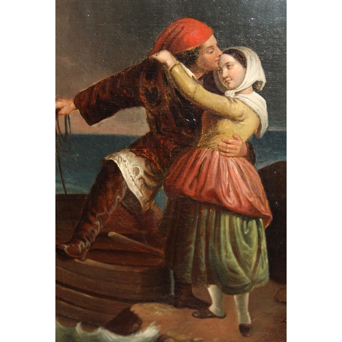 1307 - Attributed to J.A. Guilbert, pair of Continental oils on canvas, couple by a boat and a couple in a ... 