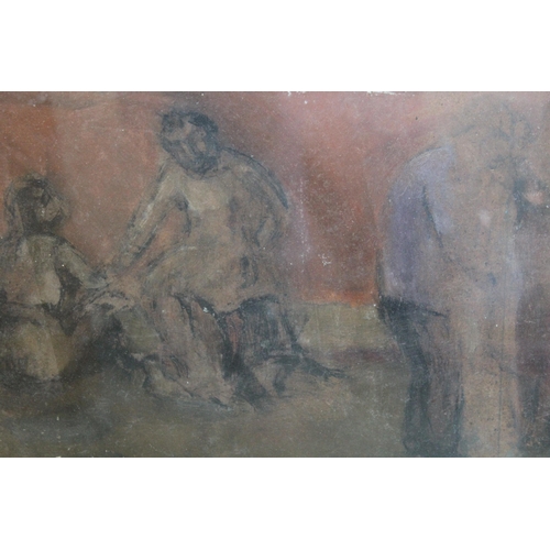 1308 - Mixed media painting, study of various figures in poses, 21 x 49cm