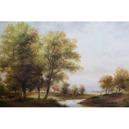 1310 - 20th Century oil on canvas, rural river landscape, signed Wheeler, 49 x 74cm, gilt framed