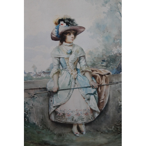 1312 - Casimero Tomba, early 20th Century watercolour, full length portrait of an Edwardian lady leaning ag... 