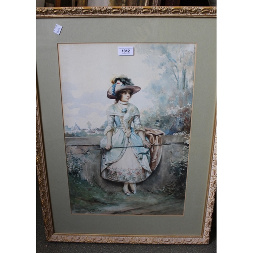 1312 - Casimero Tomba, early 20th Century watercolour, full length portrait of an Edwardian lady leaning ag... 