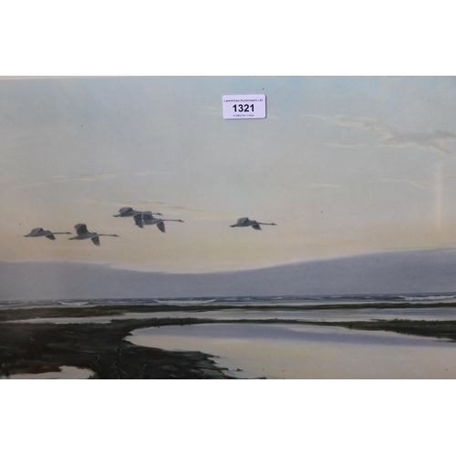 1321 - Peter Scott, artist signed coloured print, swans in flight, 33 x 55cm, framed