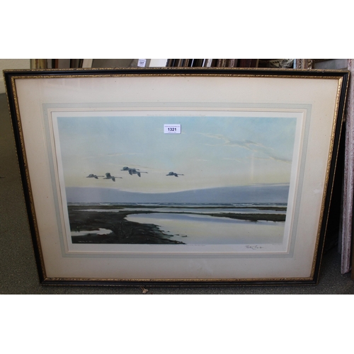 1321 - Peter Scott, artist signed coloured print, swans in flight, 33 x 55cm, framed