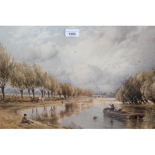 1353 - T.J. Soper, watercolour, river scene with angler, figures and barge, 38 x 51cm, gilt framed