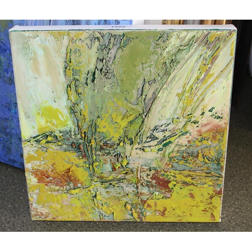 1355 - Liz Hauck, acrylic on canvas ' I Dream of Spring ', 30cm square, unframed, together with another sim... 