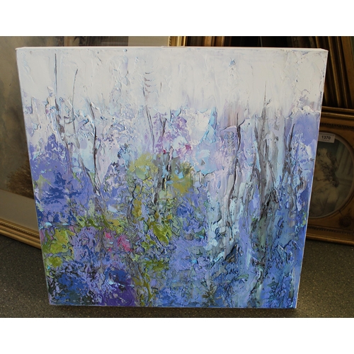 1355 - Liz Hauck, acrylic on canvas ' I Dream of Spring ', 30cm square, unframed, together with another sim... 