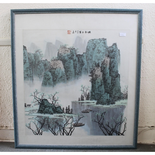 1356 - Wang Lisuo, 20th Century Chinese watercolour, lake scene with trees in early leaf, 66cm square appro... 