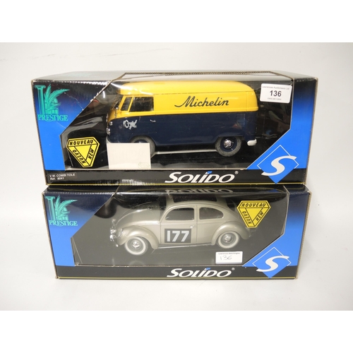 136 - Two Solido 1/18th scale diecast metal model vehicles of a Volkswagon Beetle and VW Combi Tole, in or... 