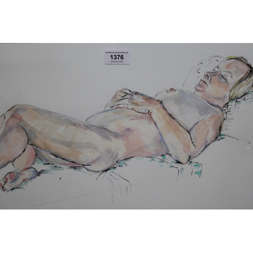 1376 - Watercolour and pencil, reclining female nude study, 30 x 48cm, gilt framed, together with two other... 