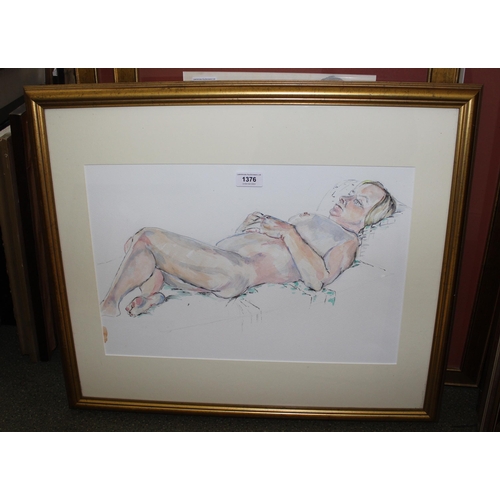 1376 - Watercolour and pencil, reclining female nude study, 30 x 48cm, gilt framed, together with two other... 