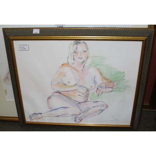 1376 - Watercolour and pencil, reclining female nude study, 30 x 48cm, gilt framed, together with two other... 